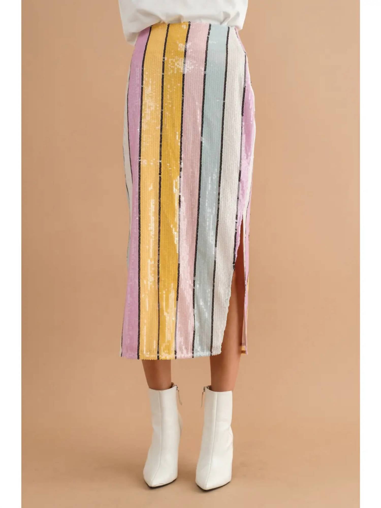 Blue B - Stripe Sequin Side Slit Midi Skirt