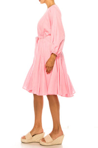 Vivid - Long Sleeve Belted Godet Skirt Flared Dress