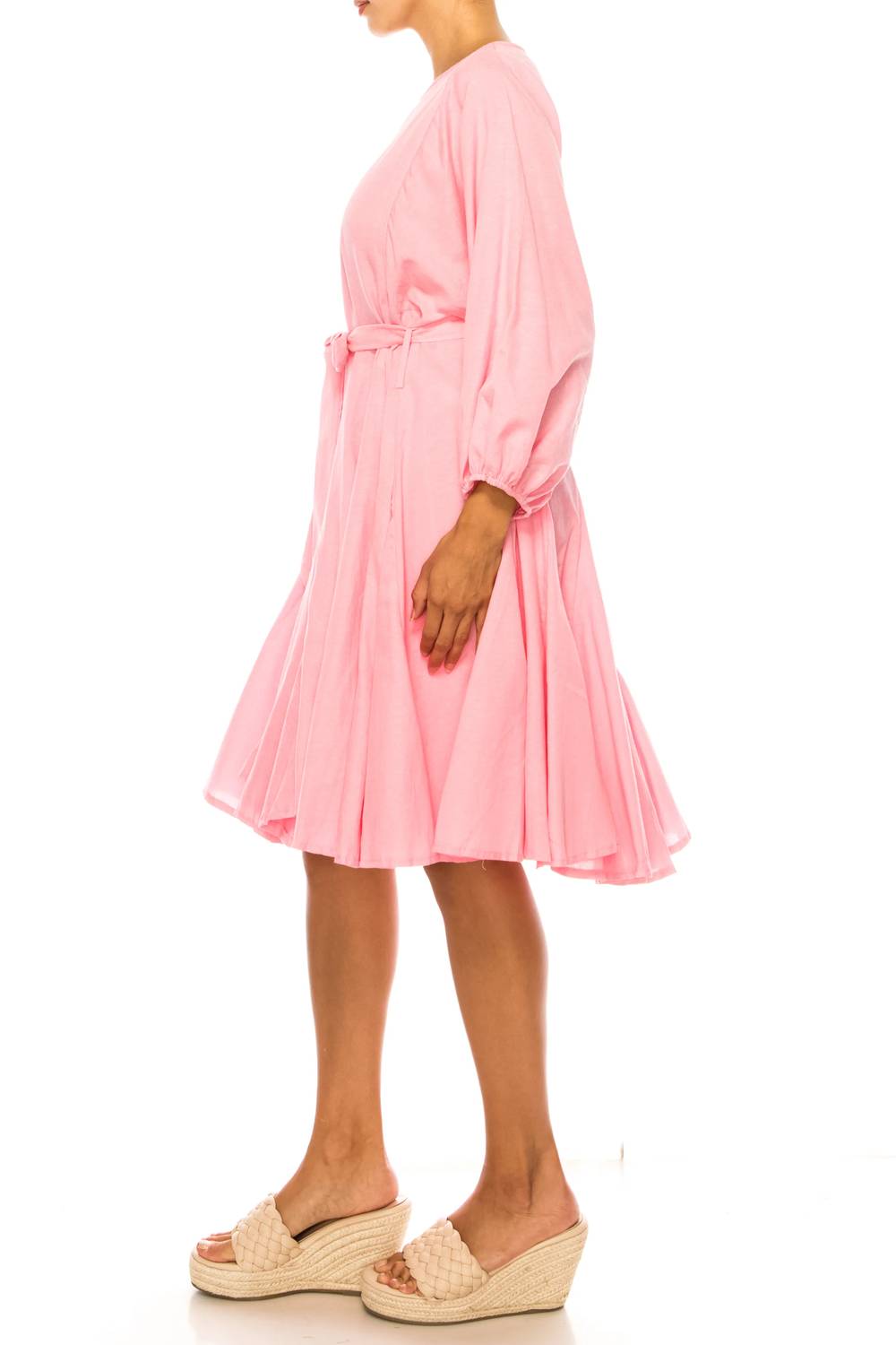 Vivid - Long Sleeve Belted Godet Skirt Flared Dress