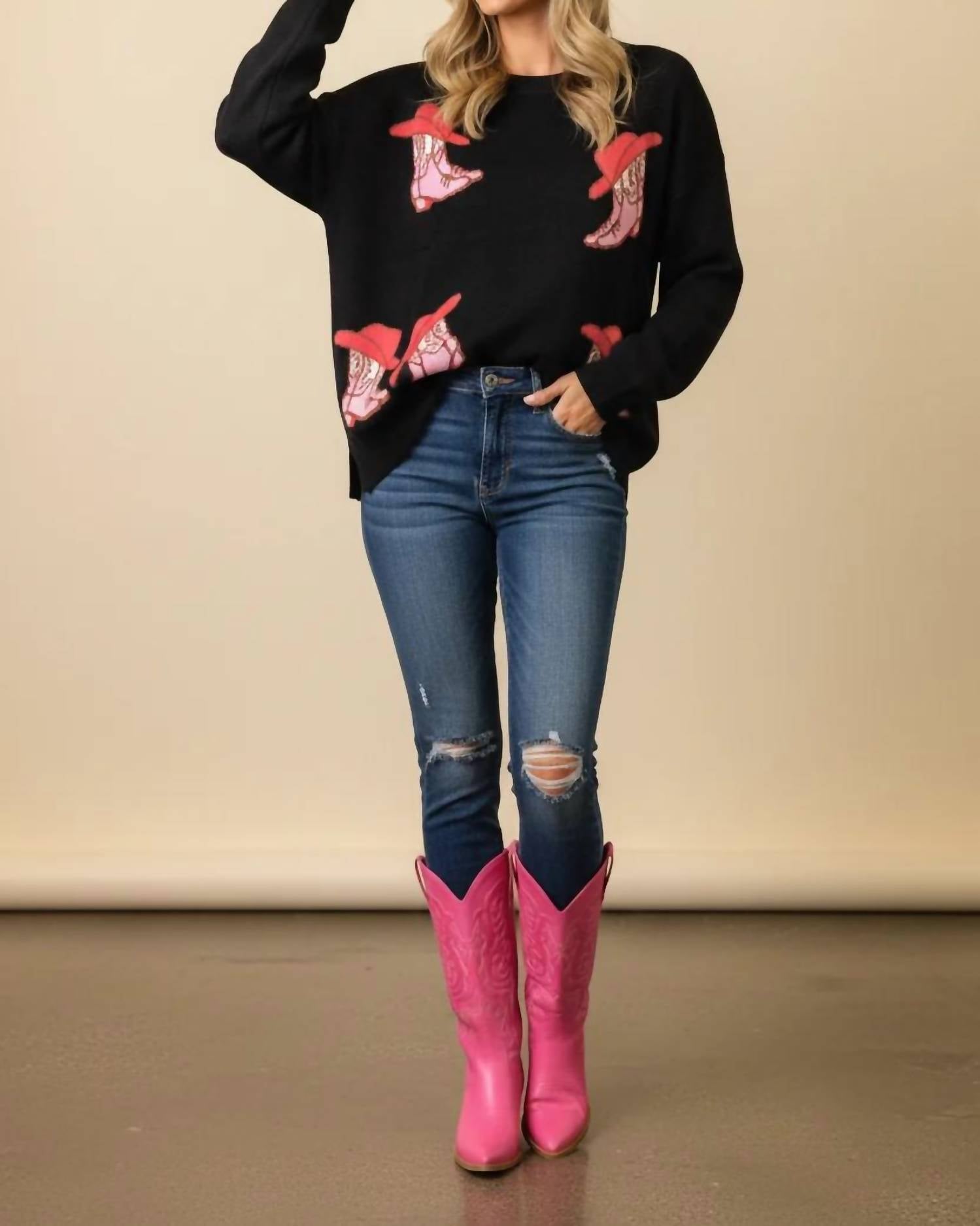 She + Sky - Women's Pullover Cowboy Boots Print Sweater