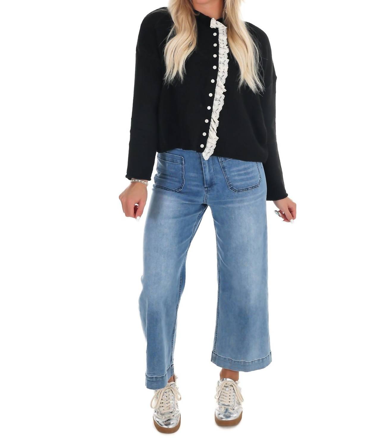 Miou Muse - Softly Woven Lace Trim Cardigan