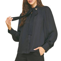 PINCH Button Down Shirt With Tie Neck in ink - women's blouse - alternate view