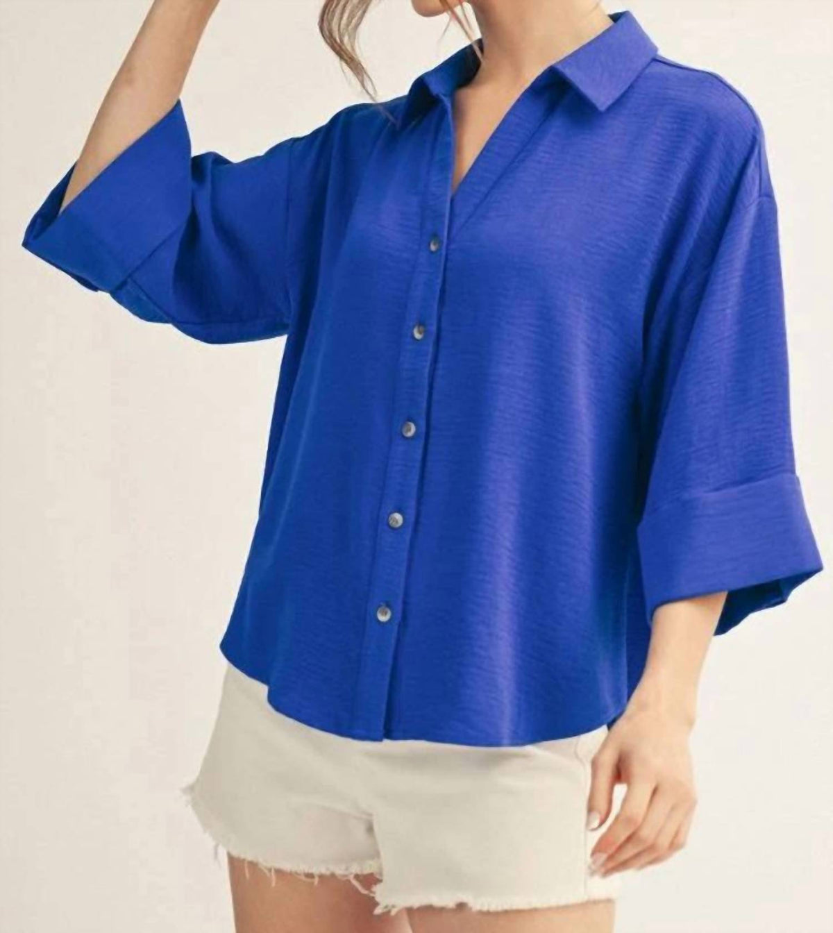 Jodifl - 3/4 Sleeves Front Button Up Solid Top