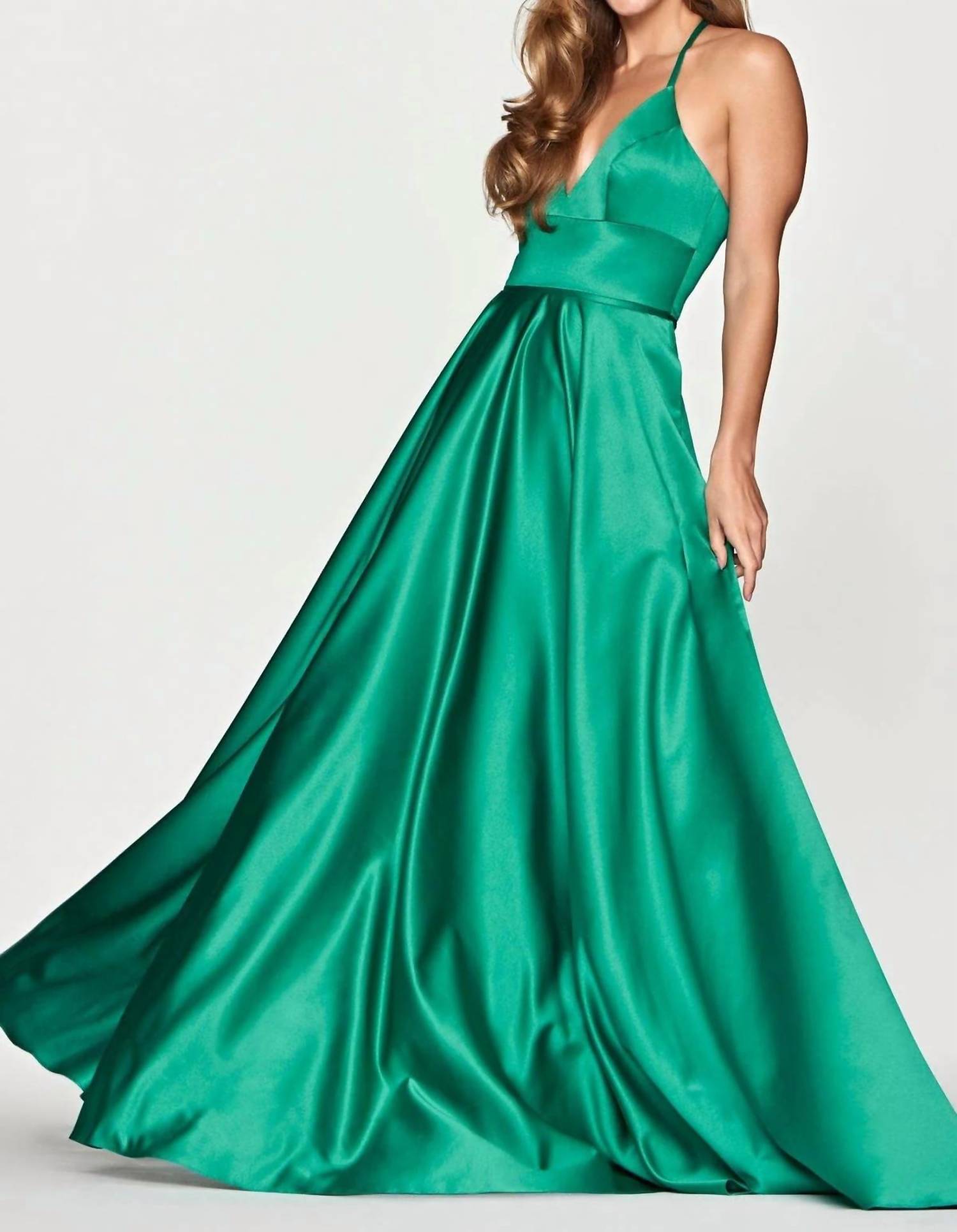FAVIANA Satin Evening Gown in jade - women's dress