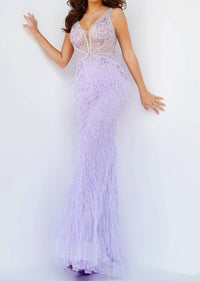 Jovani - Beaded Feather Long Dress