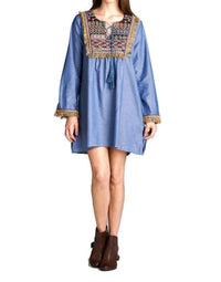 Velzera - Fringe Geometric Chambray Mini Dress
