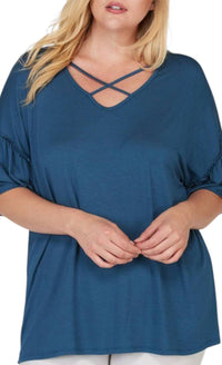Mittoshop - Criss Cross Front Ruffle Sleeve Curvy Top - Plus