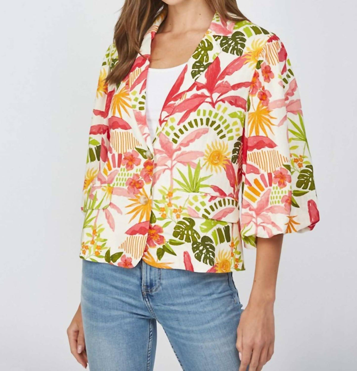 Fate - Tropical Print Cropped Linen Blend Blazer