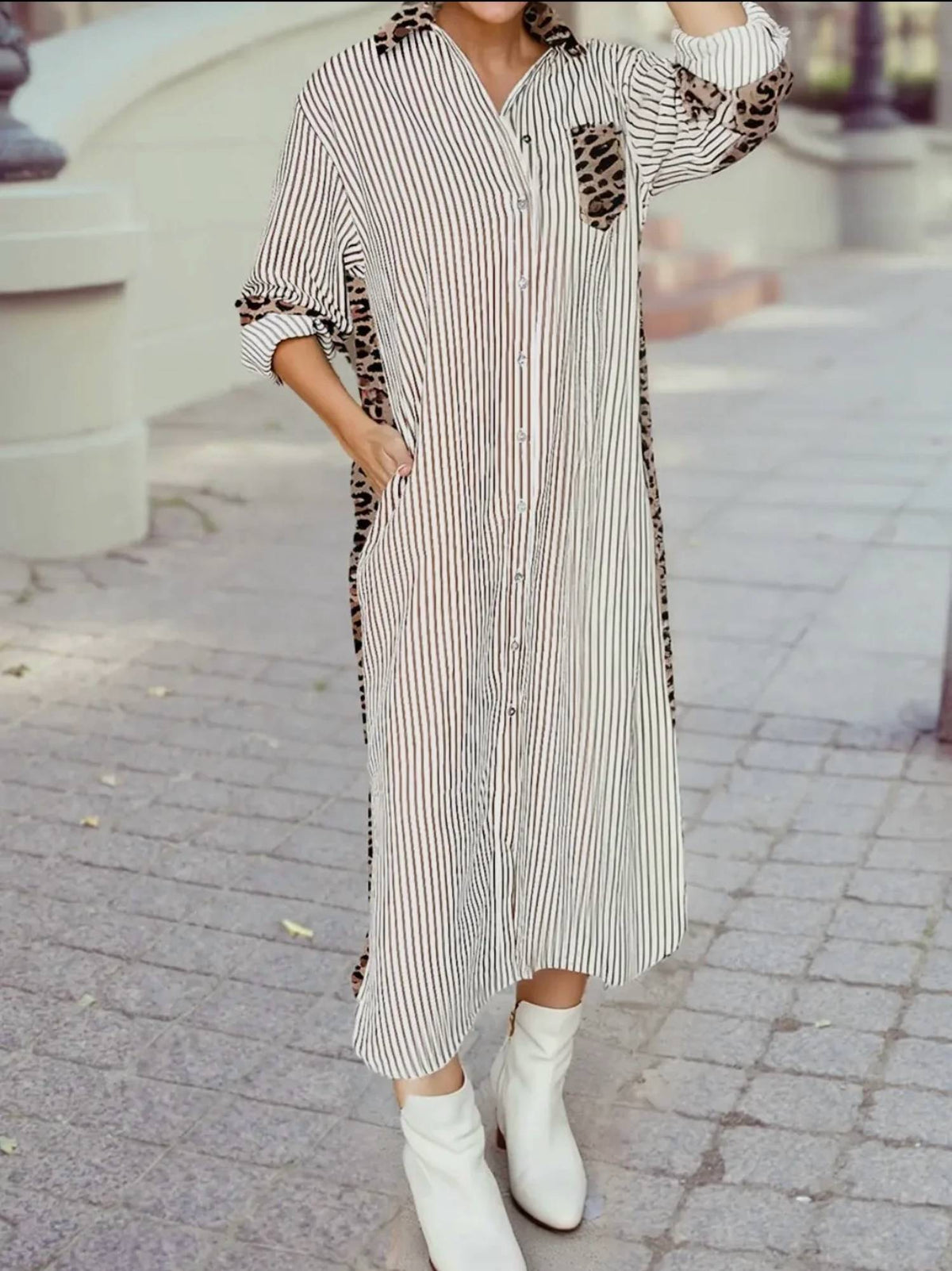 1 The Woman - Leopard Contrast Shirt Midi Dress