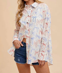 Anniewear - Bow Print Long Sleeve Shirt