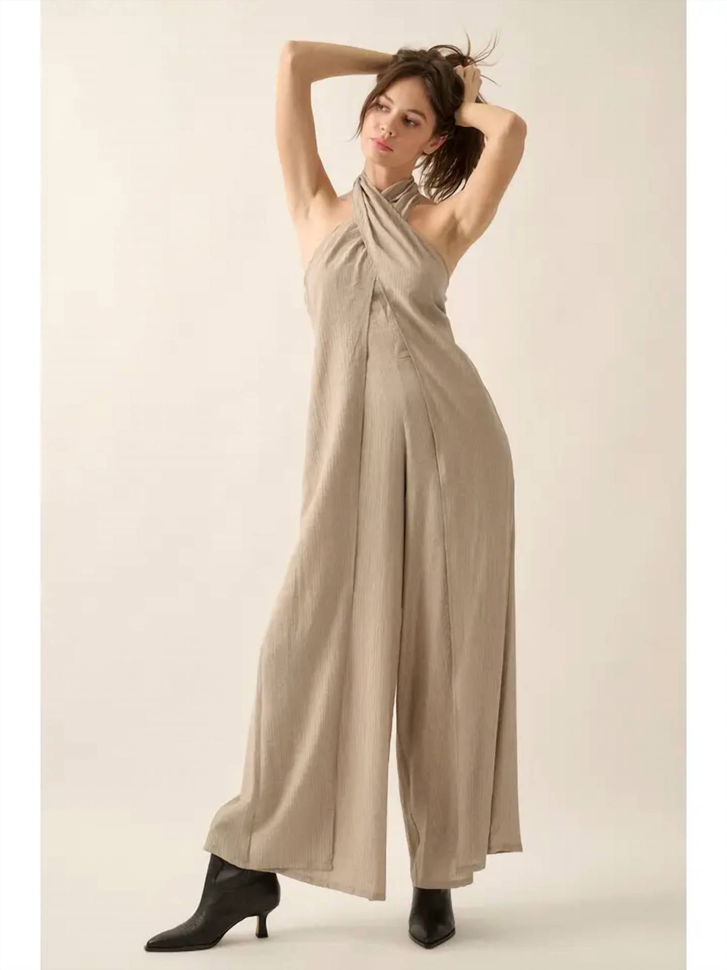 Promesa - Tonal Stripe Wide Leg Halter Jumpsuit