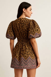 Fate - Animal Motif Border Print Cinched Waist Mini Dress