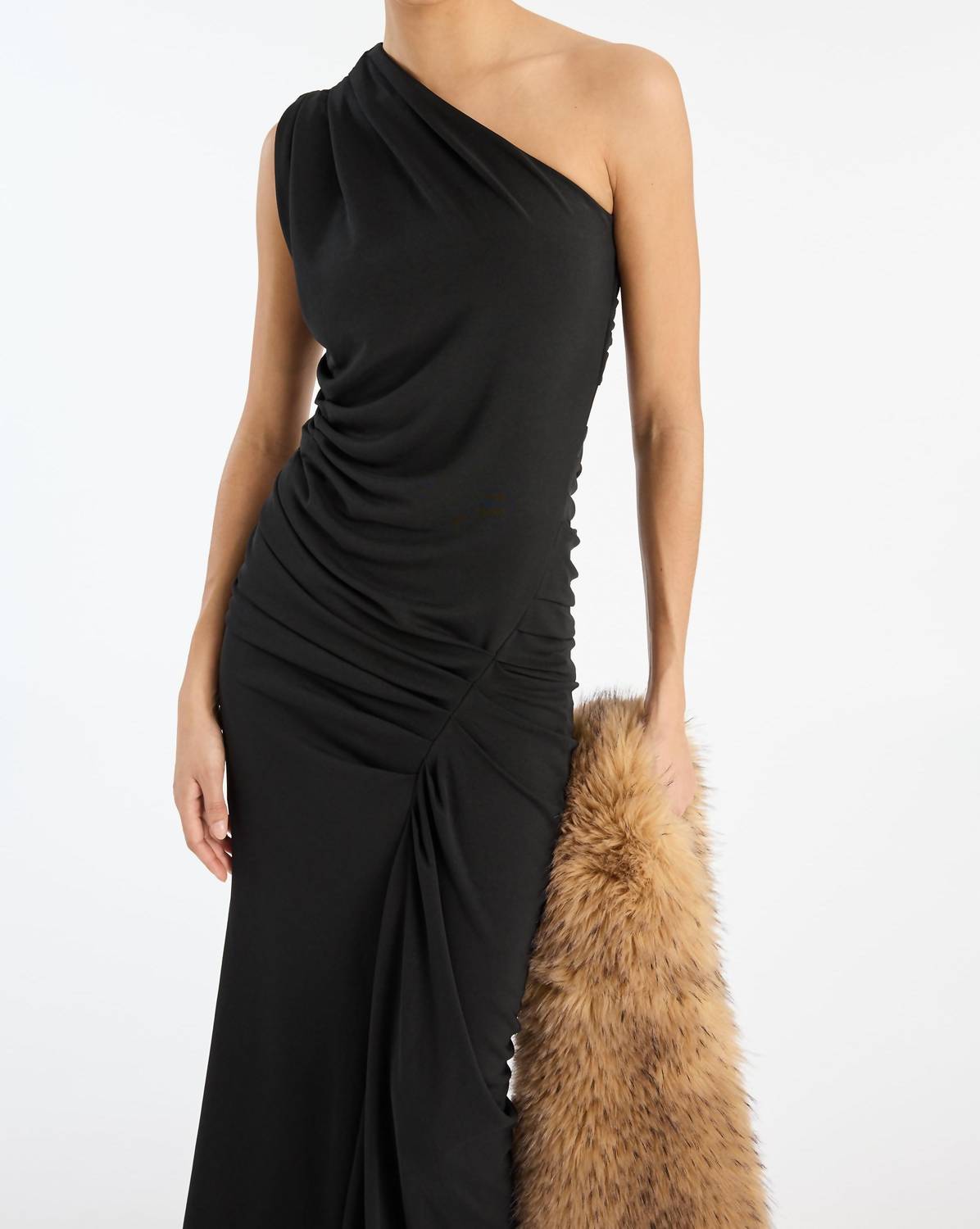 ROTATE Draped One Shoulder Maxi Dress in black - women's dress - detail view