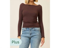 Cozy Co. - Ruched Boatneck Drop Shoulder Long Sleeve Top