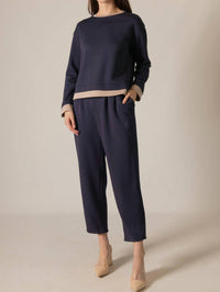 P.CILL Contrast Border Long Sleeve Top in navy and taupe - women's long sleeve top - view 4