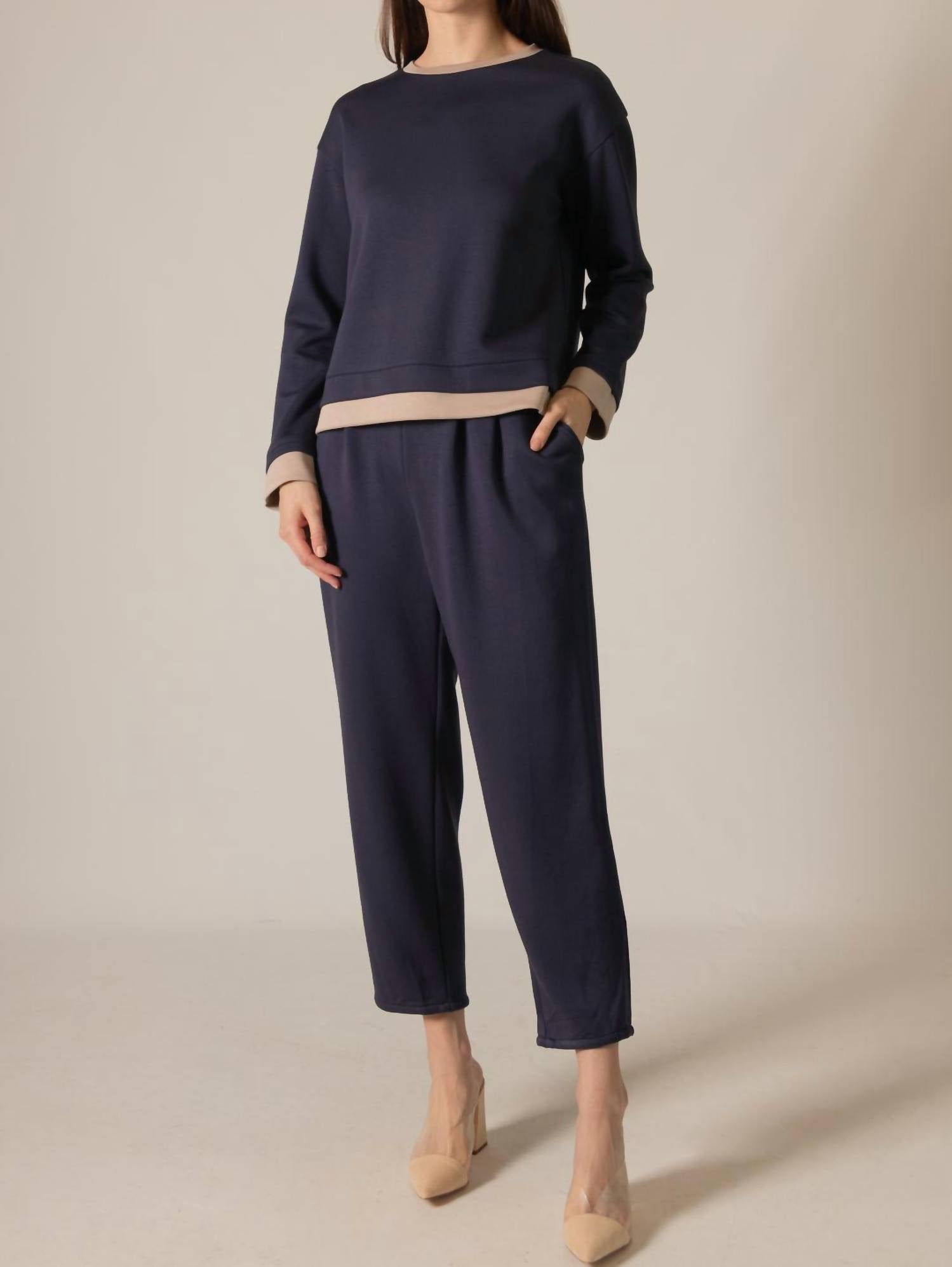 P.CILL Contrast Border Long Sleeve Top in navy and taupe - women's long sleeve top - view 4