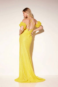 Lucci Lu - Sequin Fitted Puff Sleeve Slit Gown