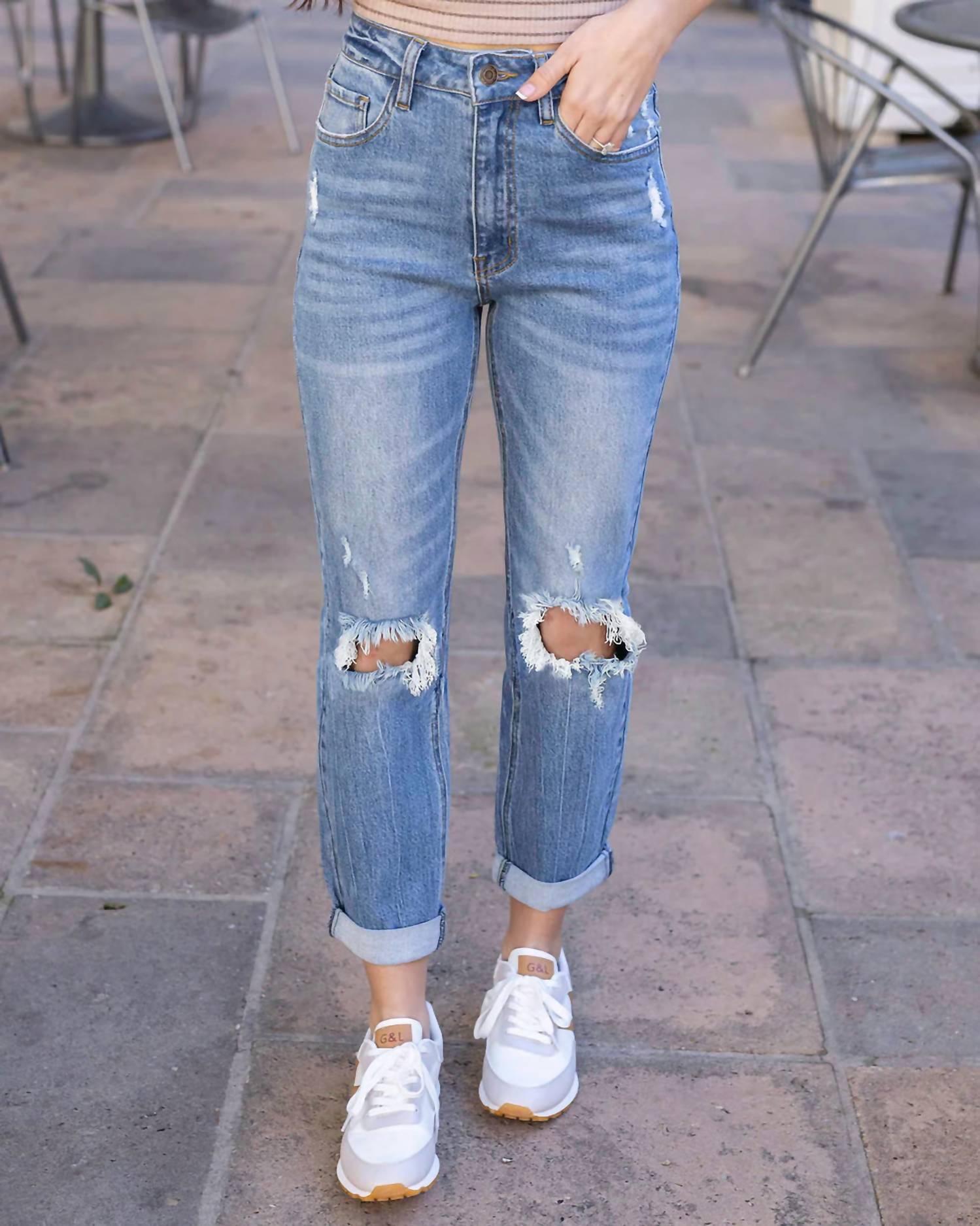 Grace And Lace - High Rise Girlfriend Distressed Jeans