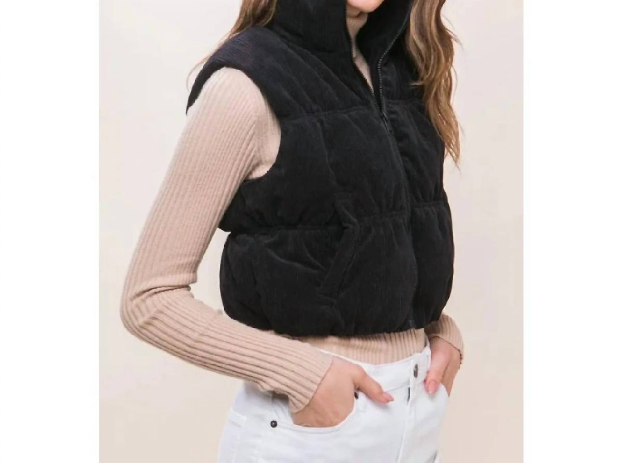 Love Tree - Corduroy Zip Up Puffer Vest with Pockets