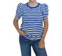 STACCATO Crewneck Gathered Half Sleeve Cotton Striped Top in royal blue - women's blouse