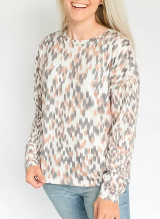 Tribal - Fuzzy Soft Crew Neck Combo Print Knit Top