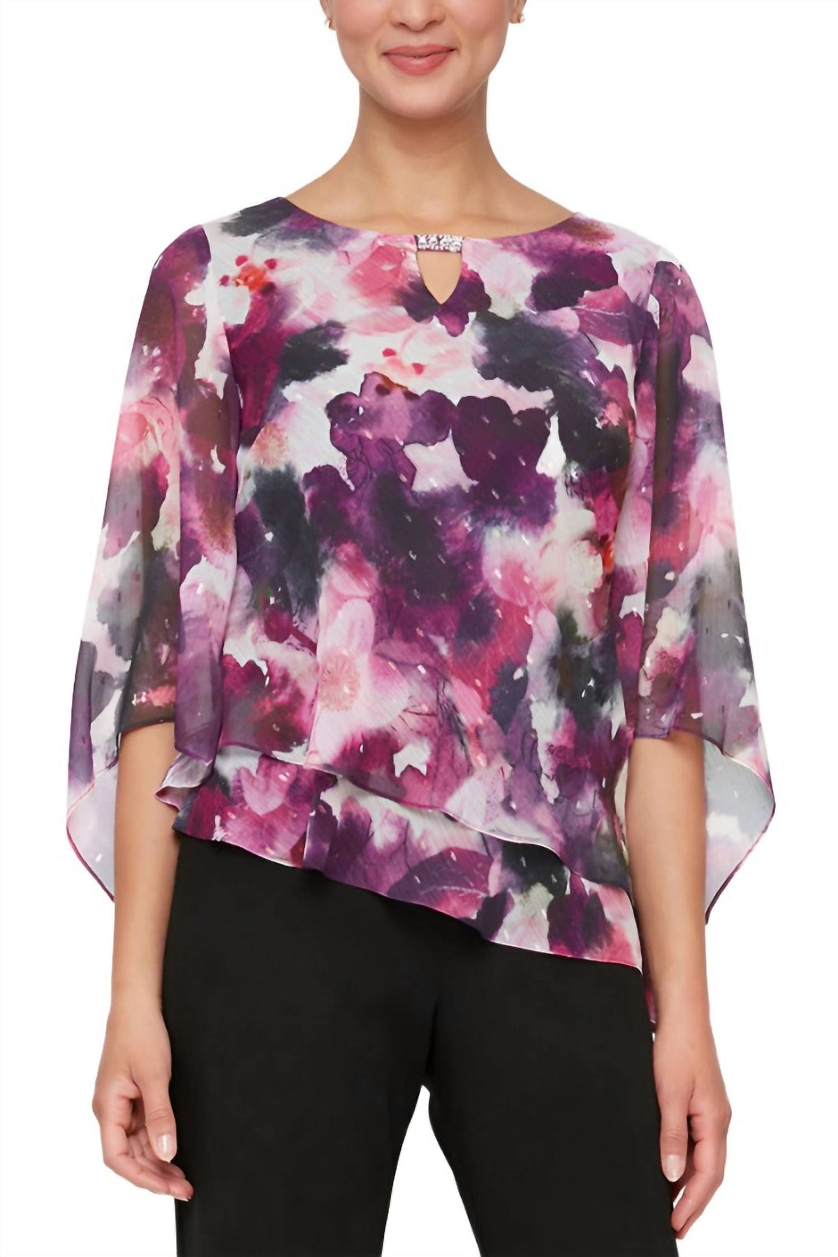 Alex Evenings - Printed Asymmetric Double Tier Hem Blouse