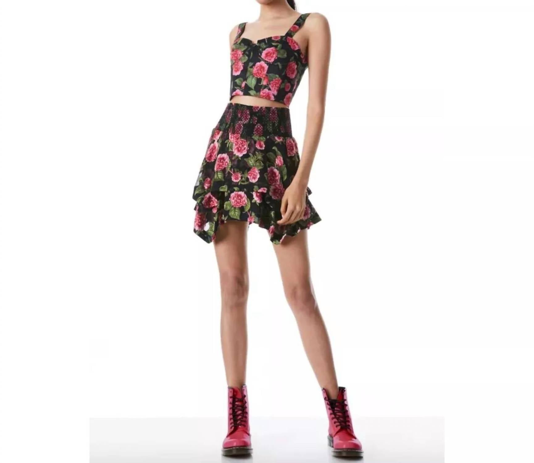 Alice + Olivia - Zarya Asymmetrical Smocked Mini Skirt - black - clothing - floral