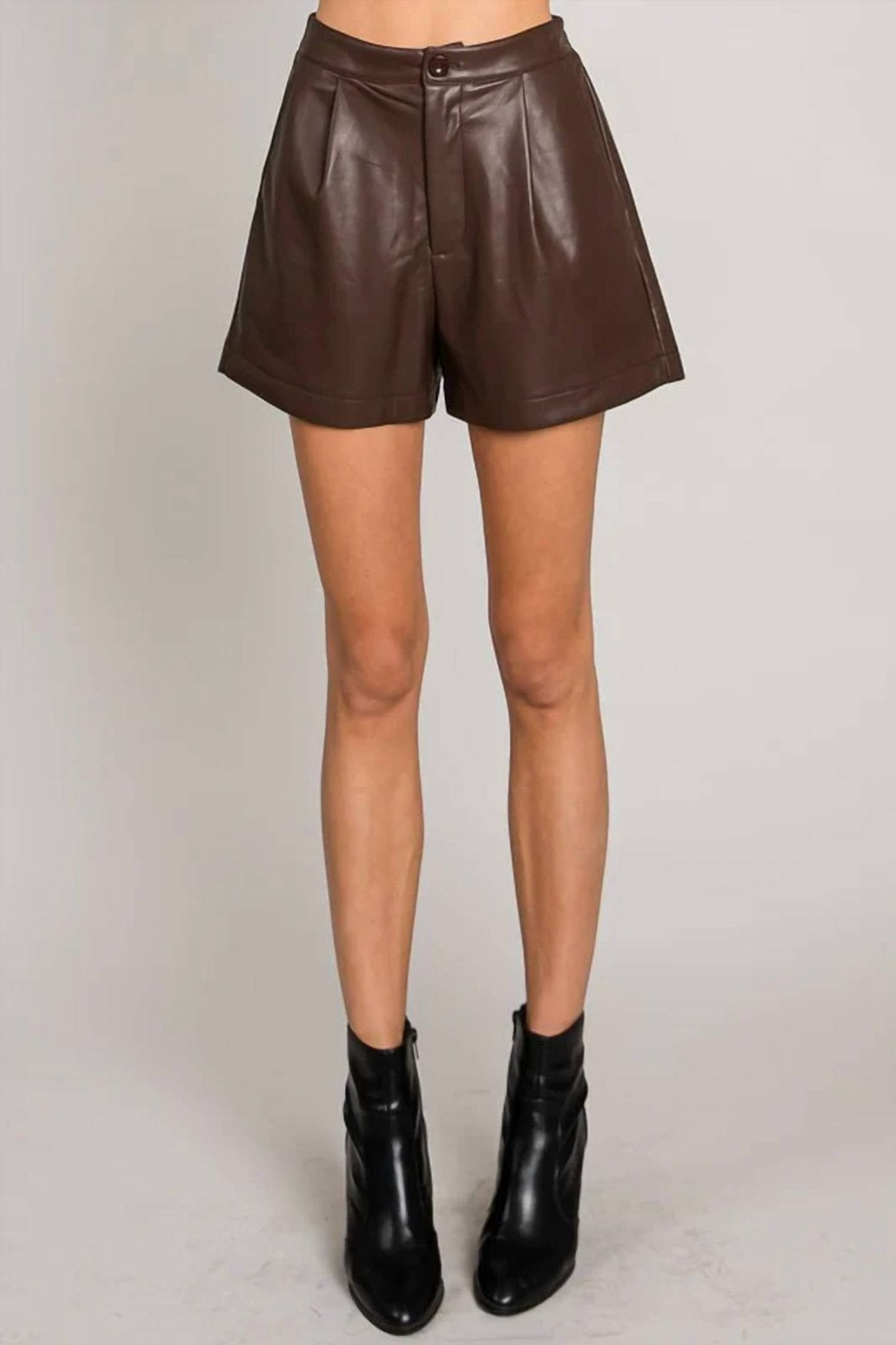 Allie Rose - Lisbon Faux Leather Short - brown - clothing - high - waist