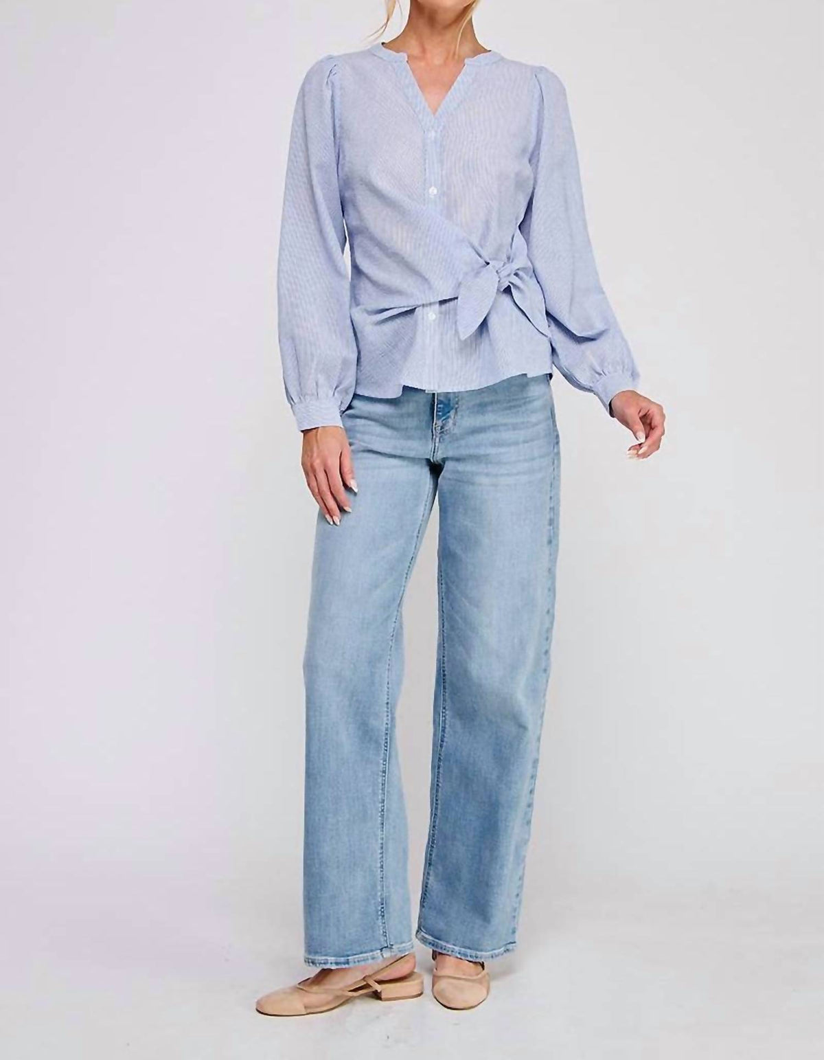 Allie Rose - Striped Side Wrap Tie Button Up Blouse