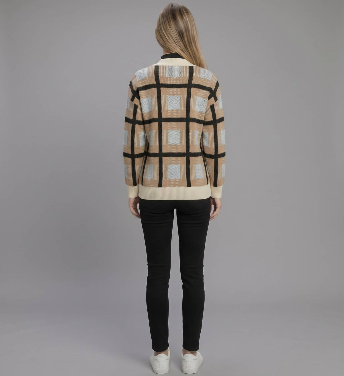 Allie Rose - Windowpane Plaid Button-front Knit Cardigan