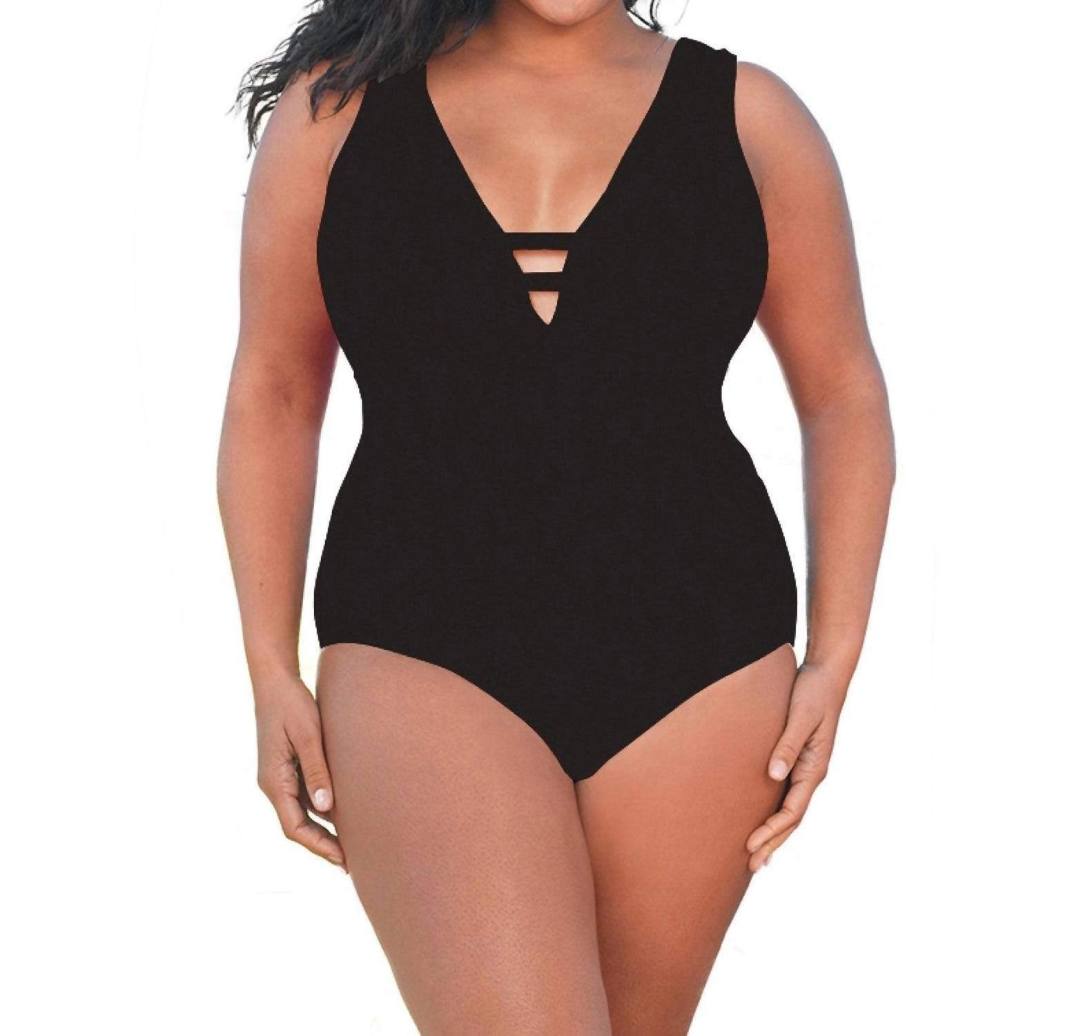 Always For Me - Double V Plunge One Piece Swimsuit - Plus - bikinis - black - clothing