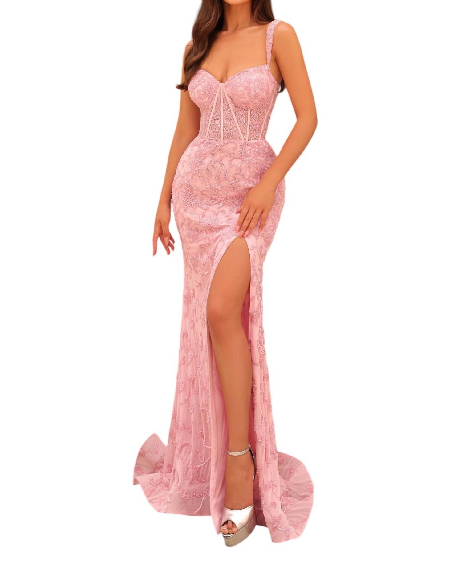 Amarra - Beaded Fitted Gown With Corset Bodice - clothing - dresses - patterned