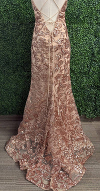 Amarra - Embellished Fitted Sequin Pattern Gown - clothing - dresses - gold
