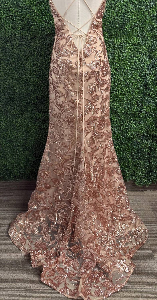 Amarra - Embellished Fitted Sequin Pattern Gown - clothing - dresses - gold