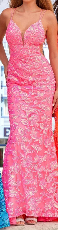 Amarra - Embellished Fitted Sequin Pattern Gown - clothing - dresses - pink