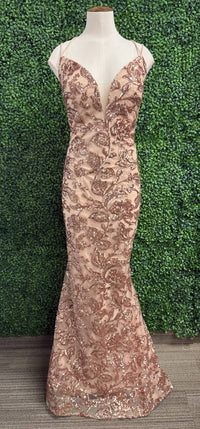 Amarra - Embellished Fitted Sequin Pattern Gown - clothing - dresses - gold