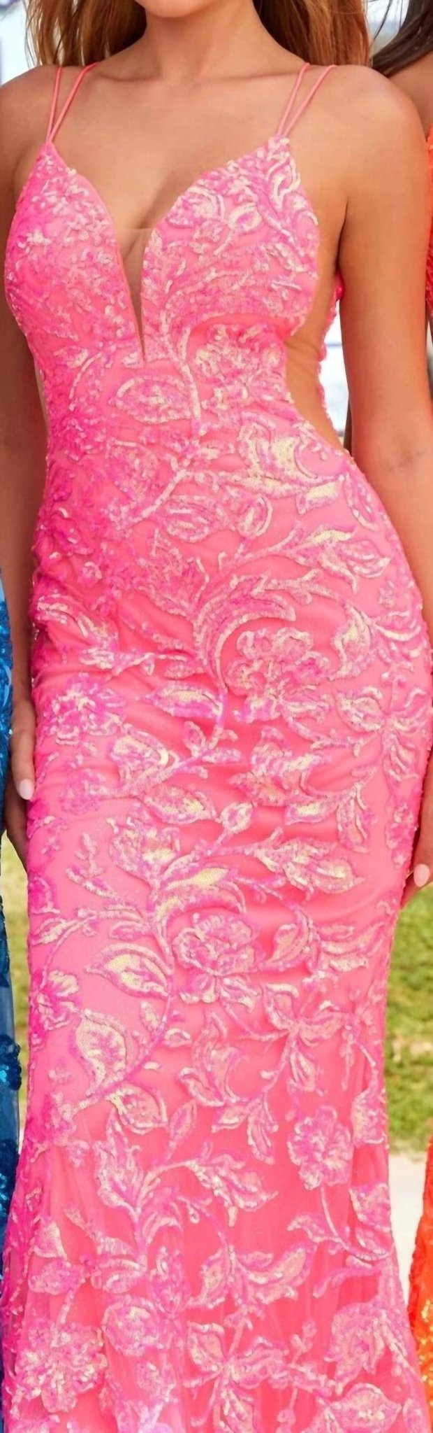 Amarra - Embellished Fitted Sequin Pattern Gown - clothing - dresses - pink