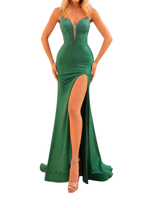 Amarra - Fitted Hot Stone Gown With Illusion Neckline - clothing - dresses - green