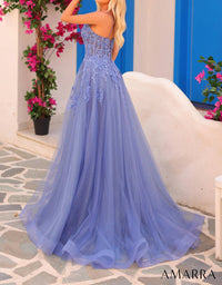 Amarra - Floral Lace A - line Gown With Sheer Corset Bodice - blue - clothing - dresses