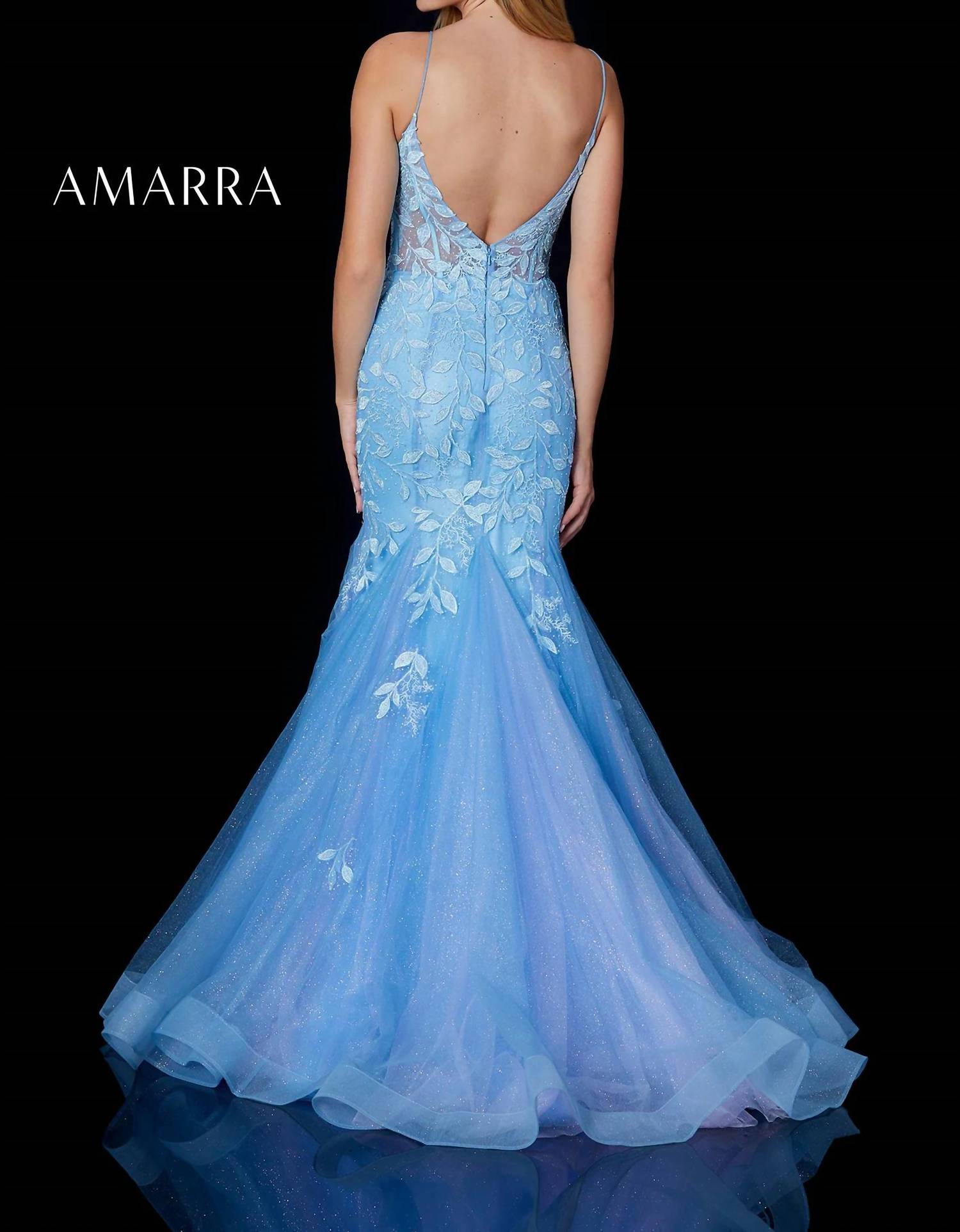 Amarra - Leaf Lace Appliqued Fit and Flare Gown - blue - clothing - dresses