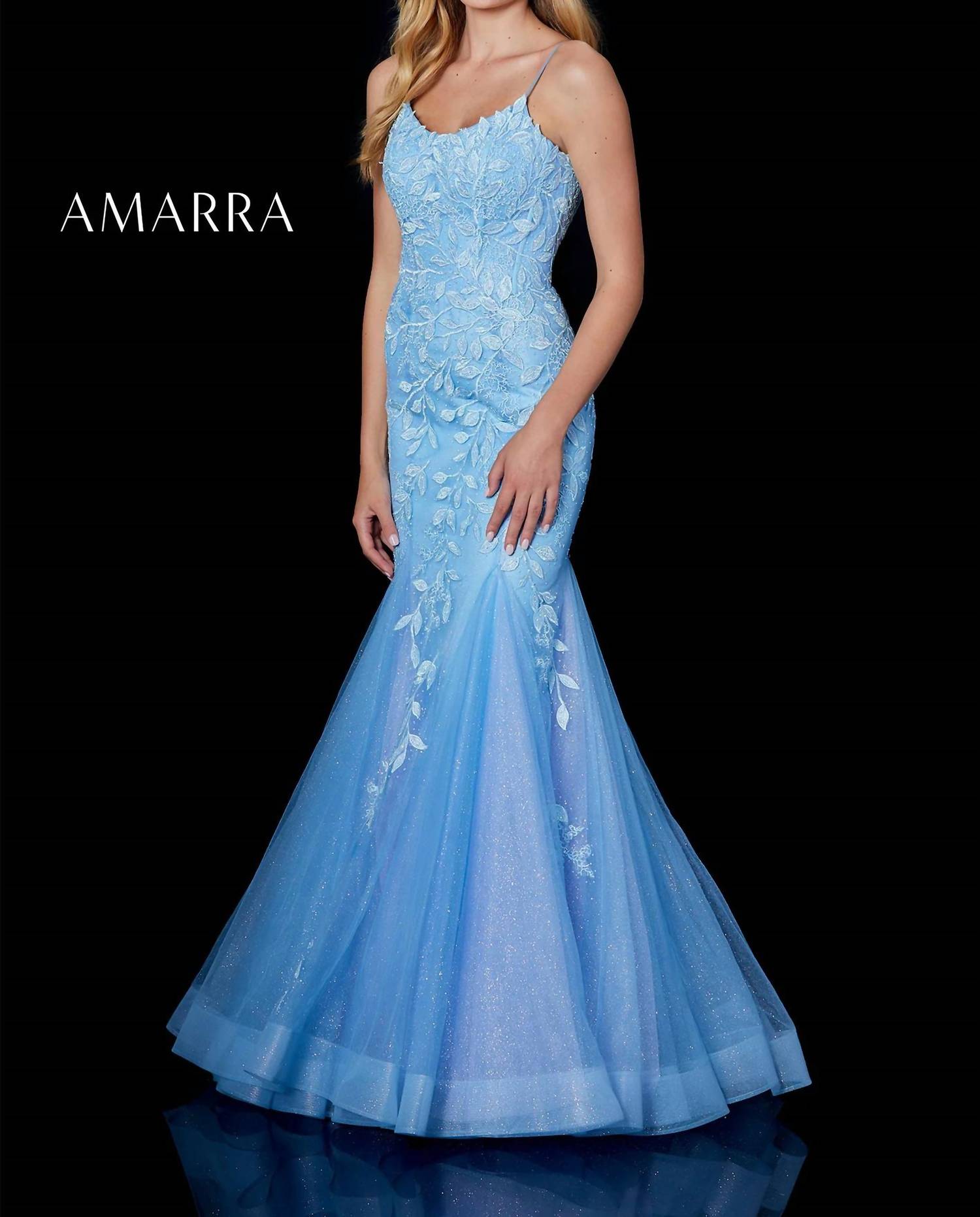 Amarra - Leaf Lace Appliqued Fit and Flare Gown - blue - clothing - dresses