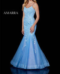 Amarra - Leaf Lace Appliqued Fit and Flare Gown - blue - clothing - dresses