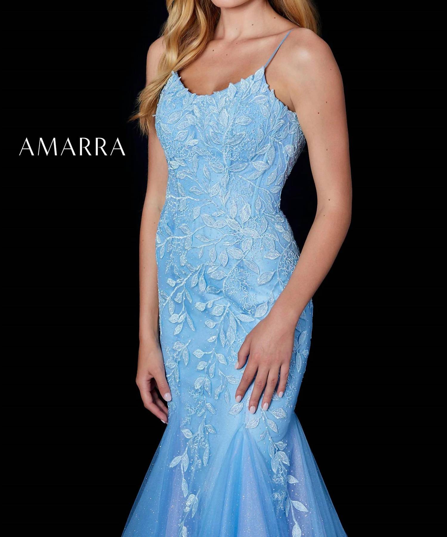 Amarra - Leaf Lace Appliqued Fit and Flare Gown - blue - clothing - dresses