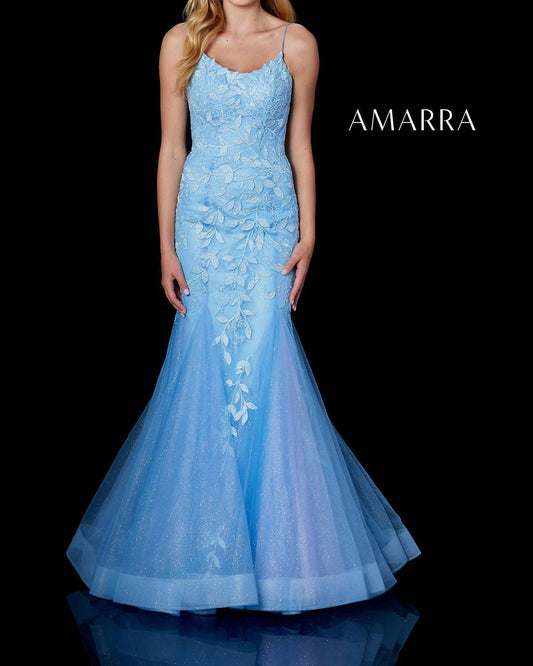 Amarra - Leaf Lace Appliqued Fit and Flare Gown - blue - clothing - dresses
