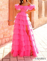 Amarra - Ruffle Puff Sleeve A - line Ballgown - clothing - dresses - pink