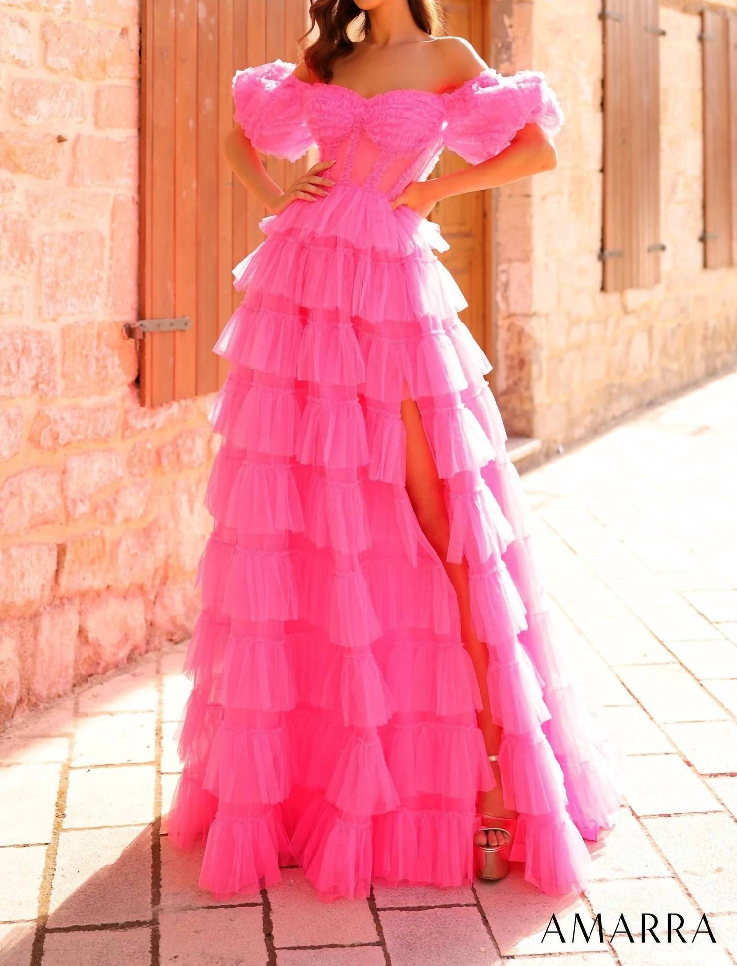 Amarra - Ruffle Puff Sleeve A - line Ballgown - clothing - dresses - pink