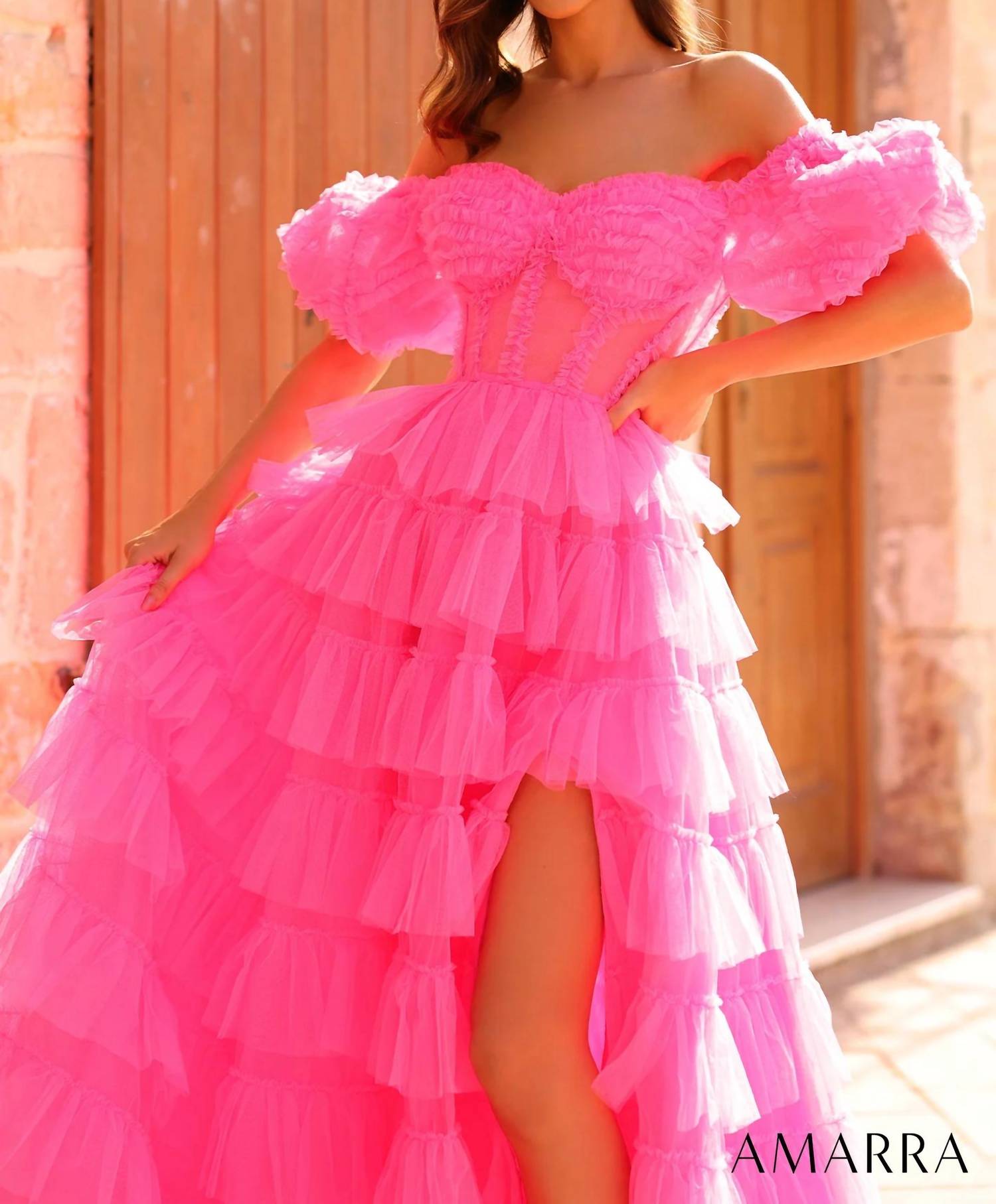 Amarra - Ruffle Puff Sleeve A - line Ballgown - clothing - dresses - pink