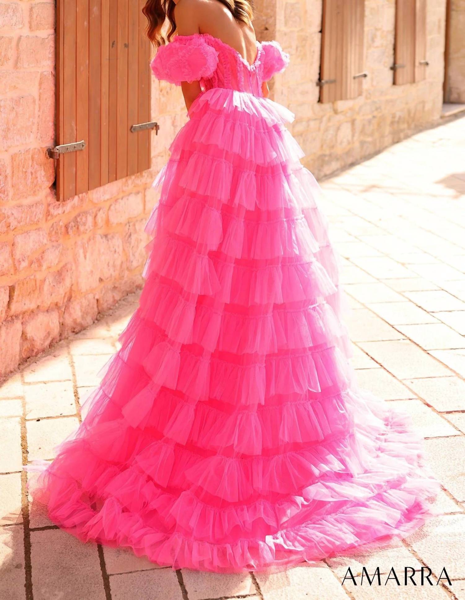 Amarra - Ruffle Puff Sleeve A - line Ballgown - clothing - dresses - pink