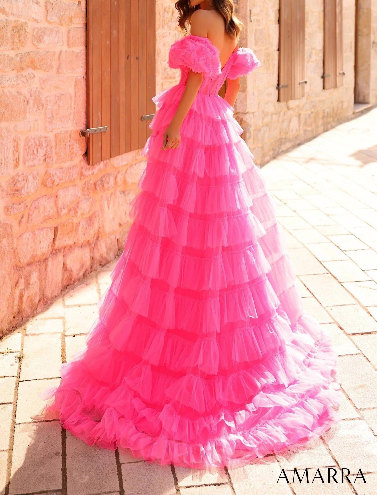 Amarra - Ruffle Puff Sleeve A - line Ballgown - clothing - dresses - pink