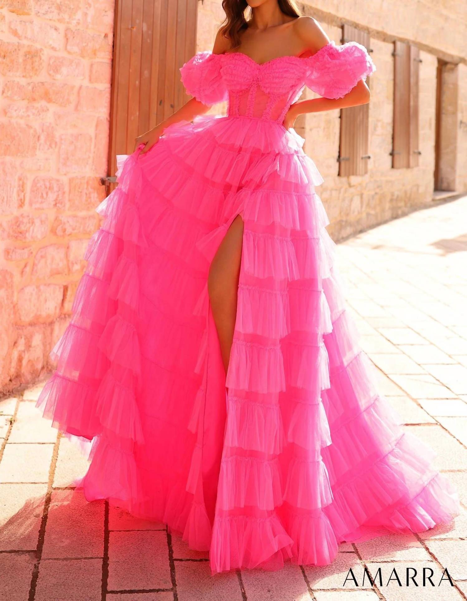 Amarra - Ruffle Puff Sleeve A - line Ballgown - clothing - dresses - pink
